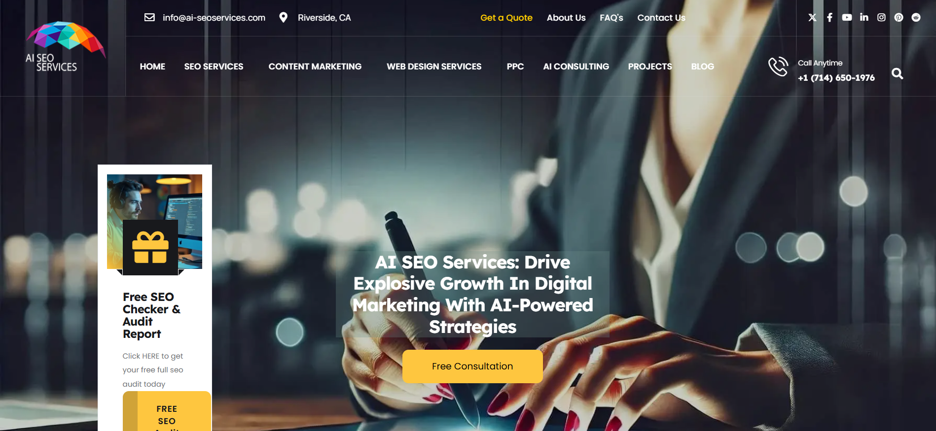AI SEO Services homepage displaying comprehensive AI marketing solutions including GEO, LLMO and AEO optimization for global businesses