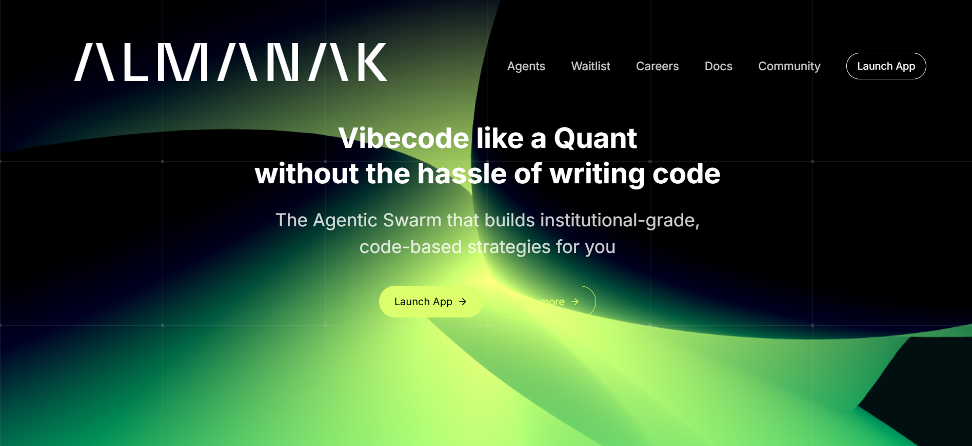 Almanak homepage featuring AI-powered DeFi agents and automated trading strategies in best crypto ICO market