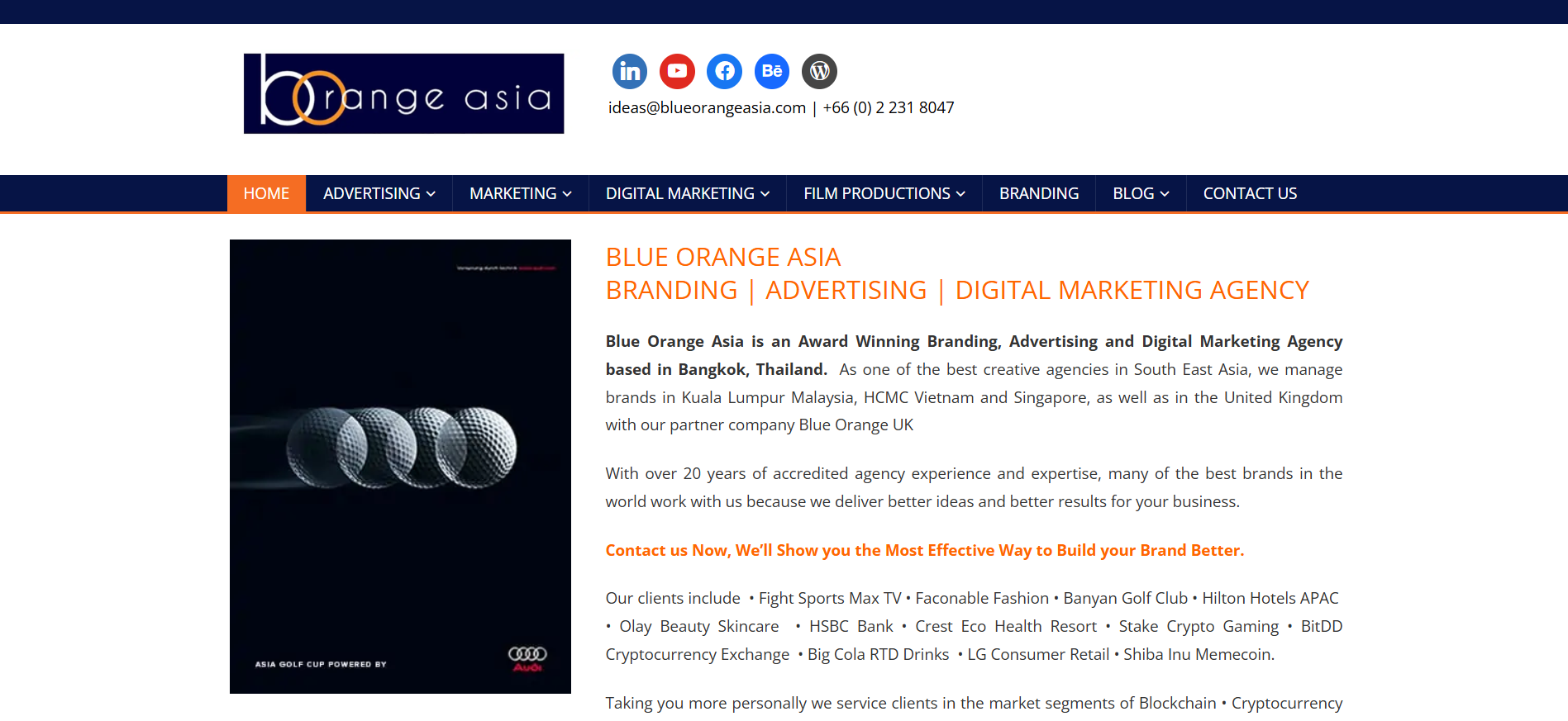 تسلط الصفحة الرئيسية لشركة Blue Orange Asia ومقرها سنغافورة الضوء على خبرة جنوب شرق آسيا في مجال العملات الرقمية كأفضل وكالة لبناء مجتمع العملات الرقمية.
