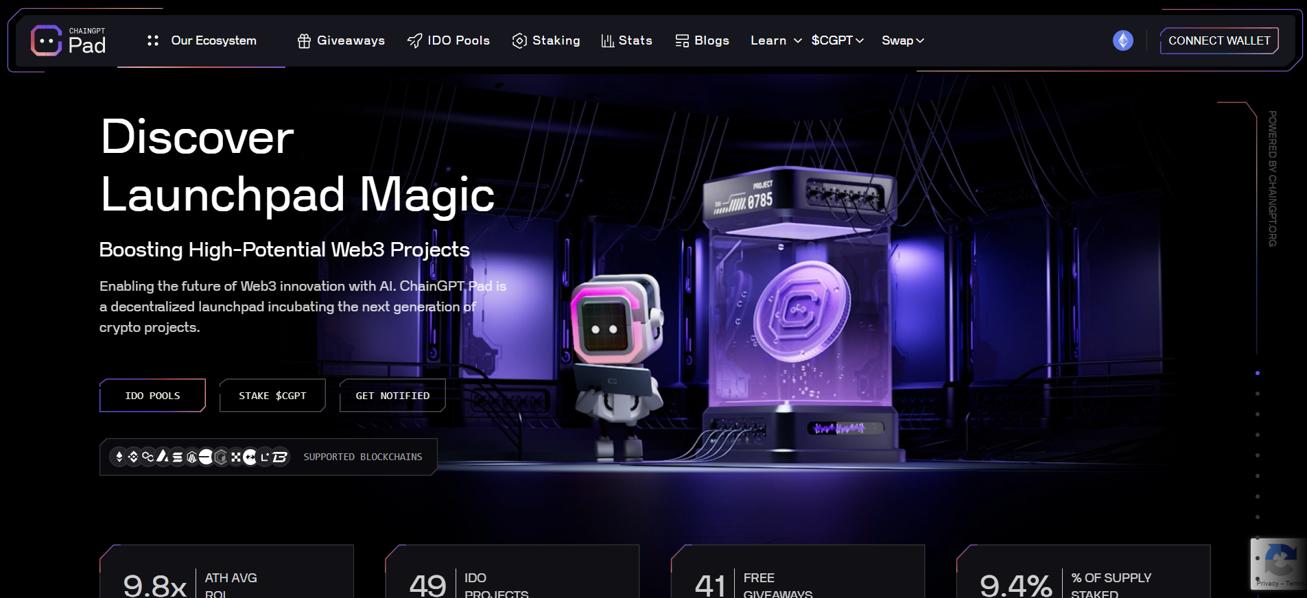 ChainGPT Pad homepage showing AI-powered launchpad interface with tier system for best crypto presale platforms.