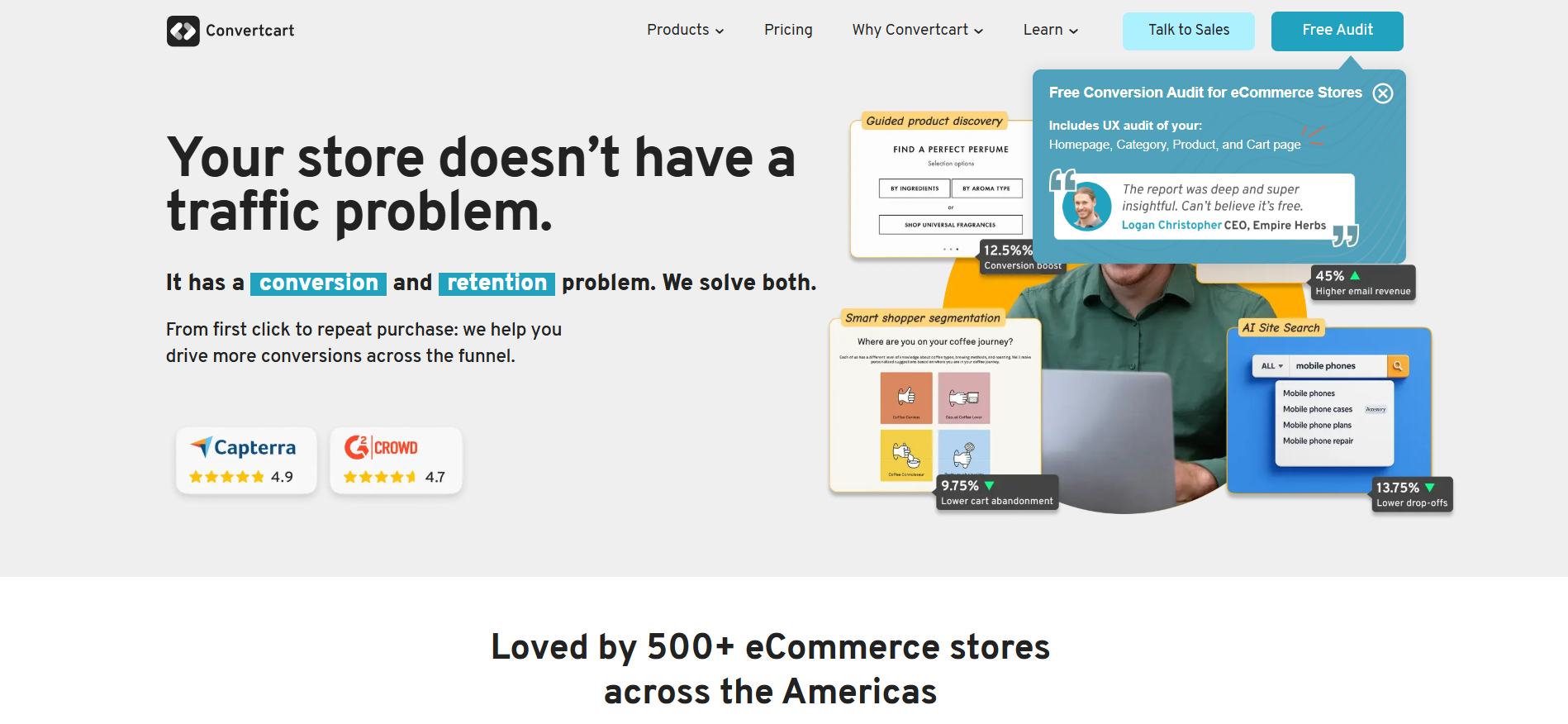 ConvertCart eCommerce conversion optimization dashboard highlighting AI-driven CRO tools and best AI optimization agency features for online stores.