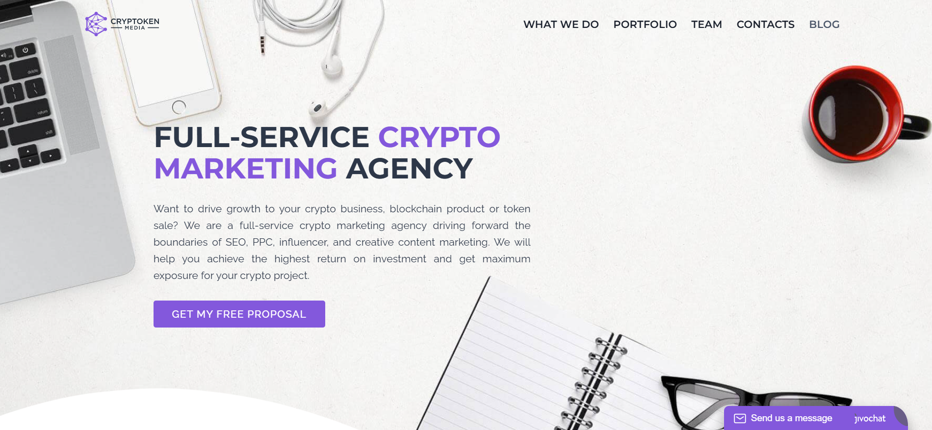 Cryptoken Media homepage highlighting data driven crypto marketing campaigns with verified client relationships across major exchanges like OKX and Nexo