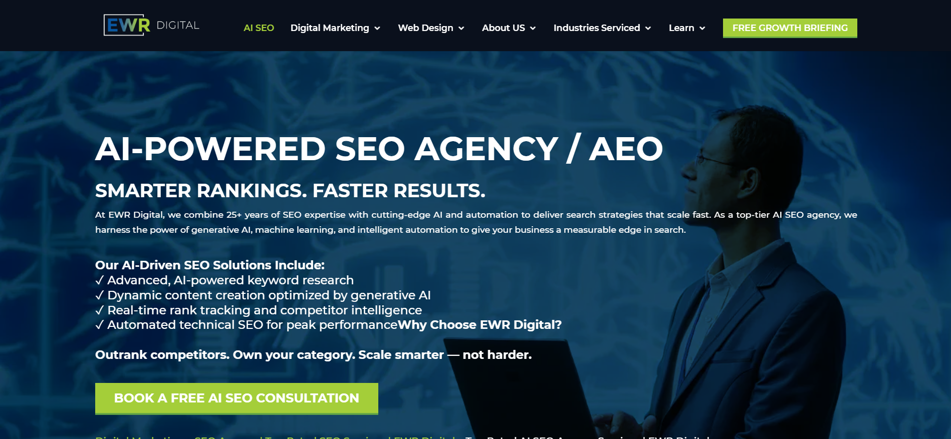 EWR Digital homepage presenting 25 years of experience in AI powered SEO services with machine learning integration for Dallas based clients