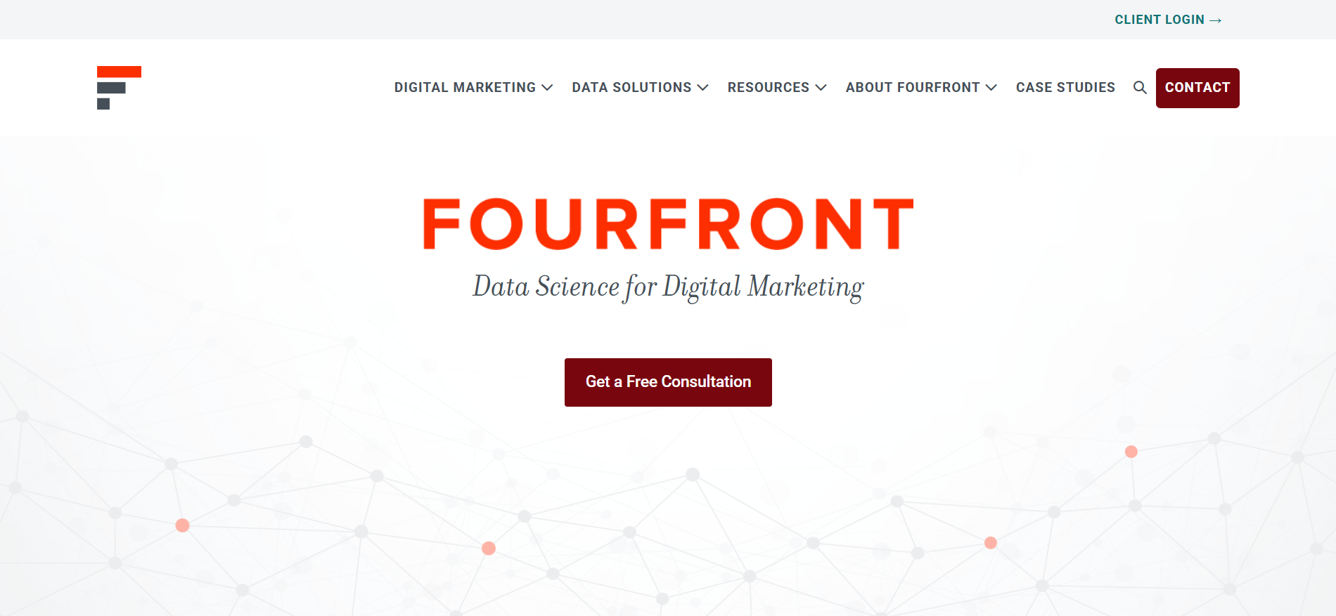 FourFront homepage presenting machine learning SEO services since 2010 with IBM Watson integration and predictive analytics capabilities