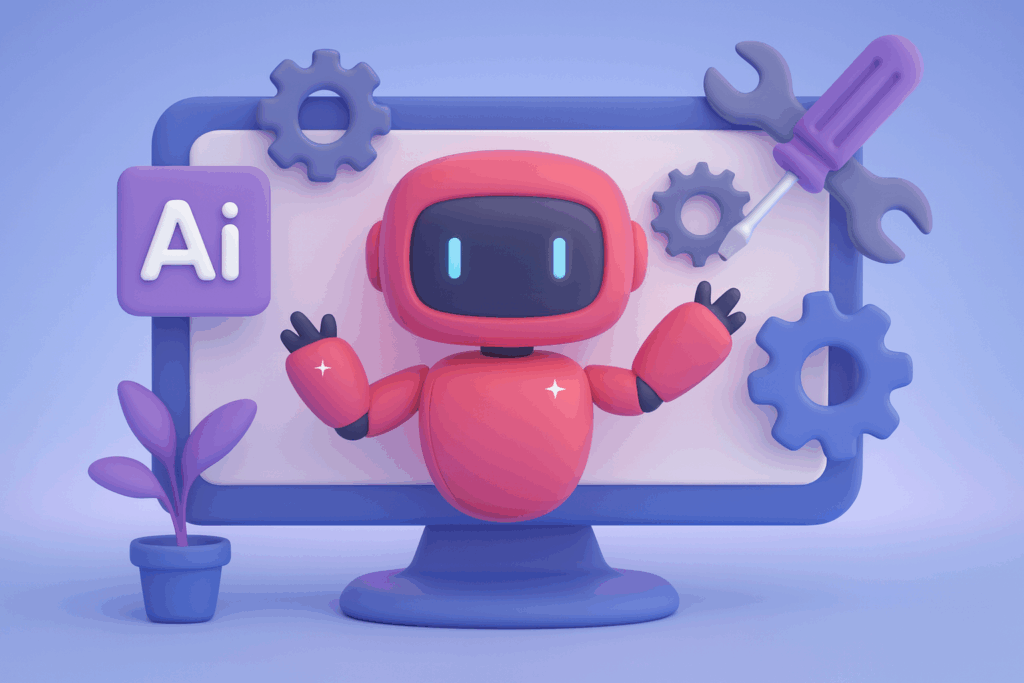 3D illustration of a friendly AI robot emerging from a screen surrounded by gears and tools, symbolizing AI-powered optimization and Generative Engine Optimization (GEO) in a blue-violet tech theme.