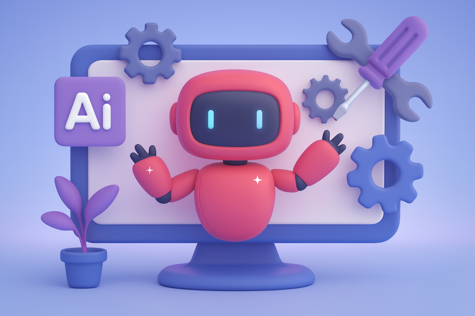 3D illustration of a friendly AI robot emerging from a screen surrounded by gears and tools, symbolizing AI-powered optimization and Generative Engine Optimization (GEO) in a blue-violet tech theme.
