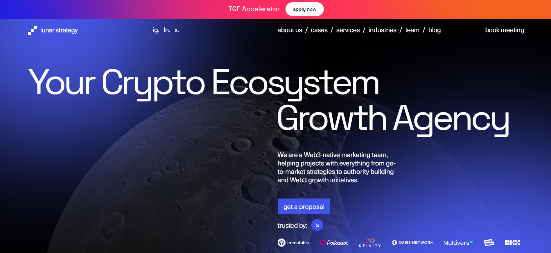 Lunar Strategy homepage presenting Web3 native marketing services specializing in Token Generation Events and exchange listing preparation for blockchain projects