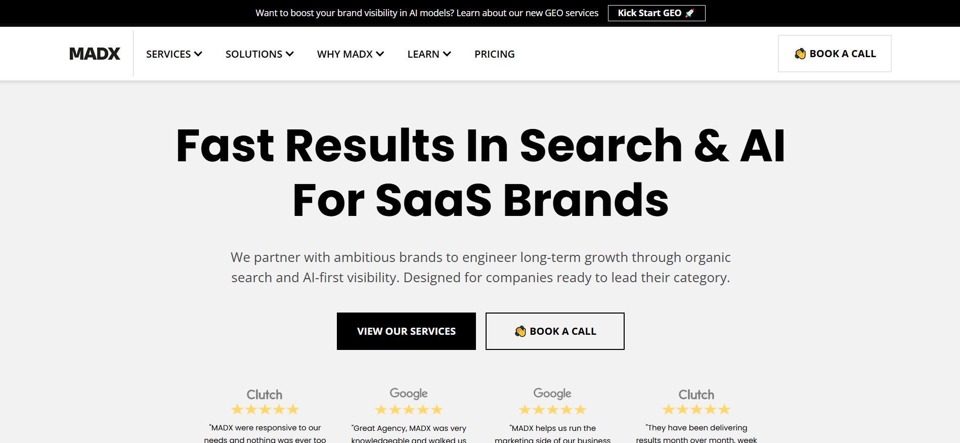 MADX Digital homepage featuring AI SEO services for ChatGPT, Perplexity AI and Google AI Overviews optimization for technology companies