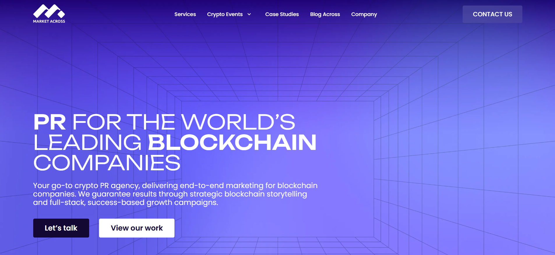 MarketAcross homepage showcasing blockchain PR and reputation management services with results based pricing model for cryptocurrency exchange communications
