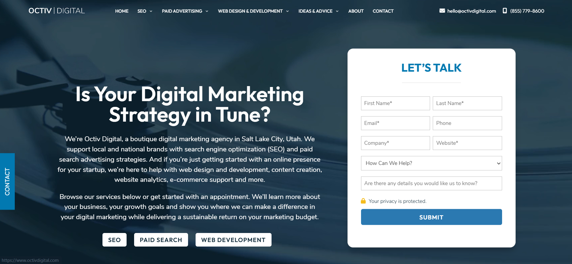 Octiv Digital homepage displaying Salt Lake City based AI SEO services integrated with digital marketing solutions for local businesses