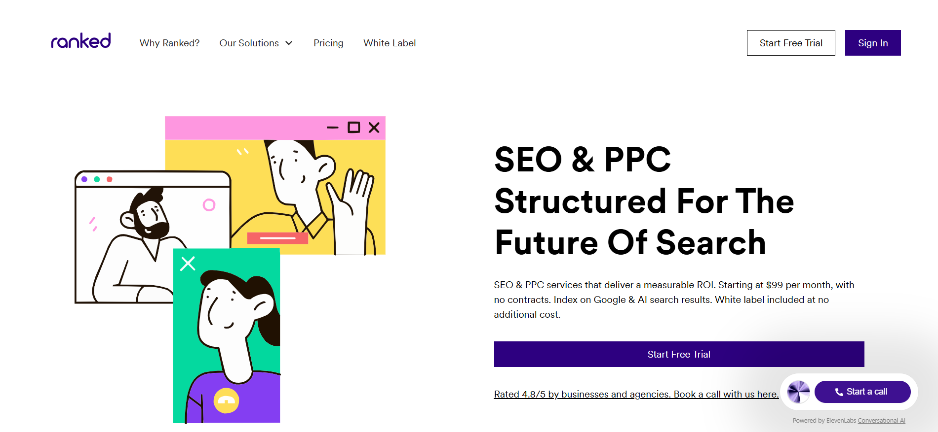 Ranked.ai website homepage displaying white label AI SEO services starting at $99 monthly with Google Gemini integration features