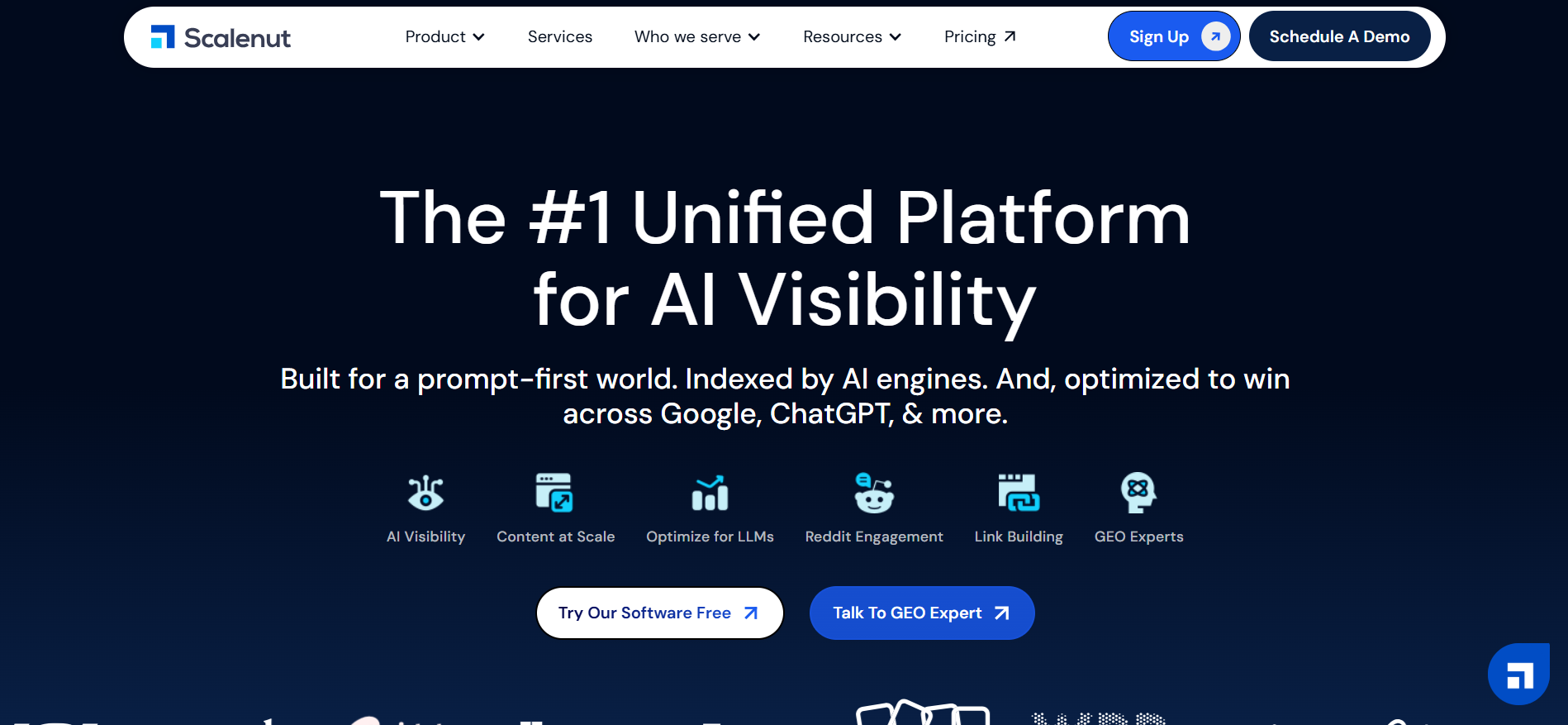 Scalenut homepage featuring both DIY AI tools and expert AI SEO services focused on Generative Engine Optimization for businesses of all sizes