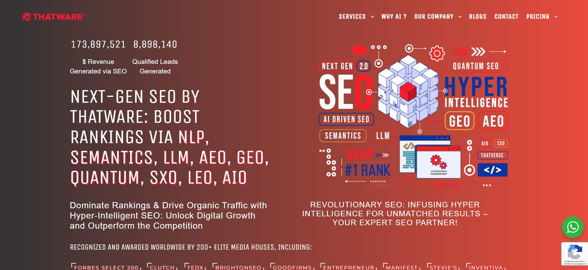 THATWARE technical SEO agency interface showcasing 927 proprietary AI algorithms for Answer Engine Optimization as best AI optimization agency for technical SEO.