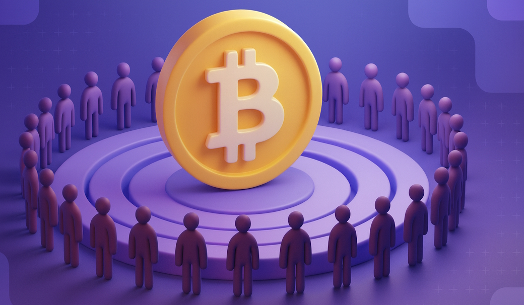 3D illustration of a crypto community with stylized figures standing in a circle around a large golden Bitcoin symbol on a blue and purple futuristic background.