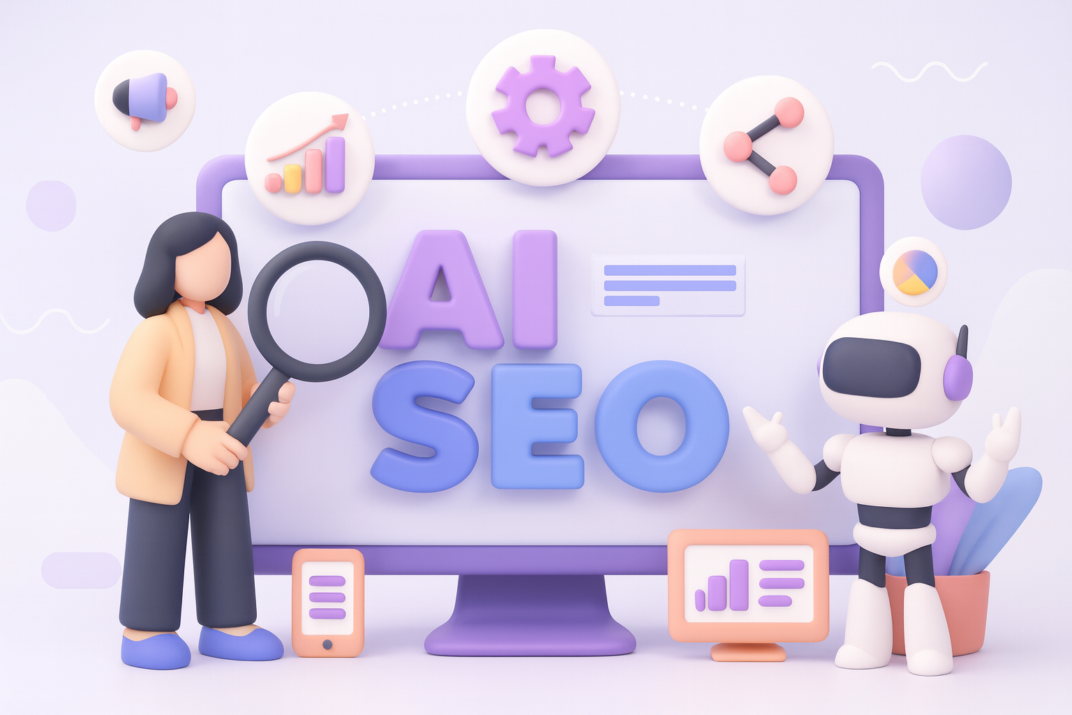 Modern 3D illustration featuring AI SEO concept with professional woman holding magnifying glass, robot assistant, computer monitor displaying analytics dashboards and digital marketing icons in purple and blue color scheme