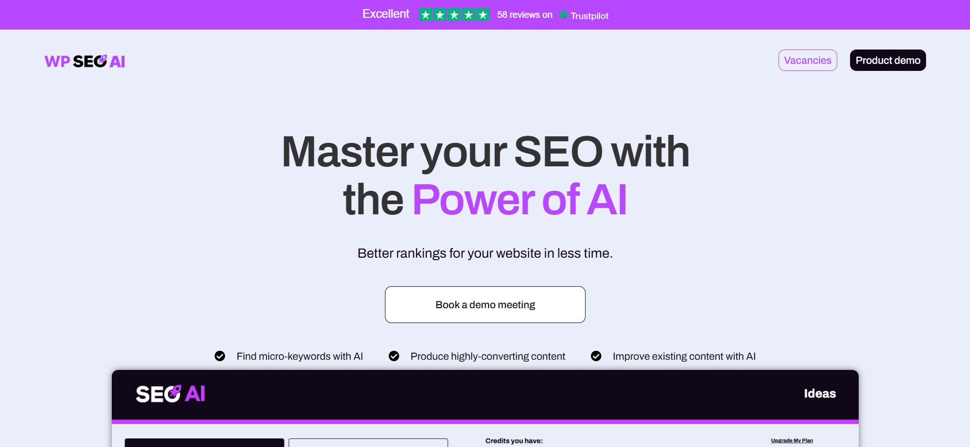 WP SEO AI homepage showcasing proprietary AI models for keyword analysis, automated content creation and competitor tracking tools