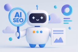 Friendly AI SEO robot holding circular badge with data visualization elements and analytics charts representing artificial intelligence powered search engine optimization services for top agencies.