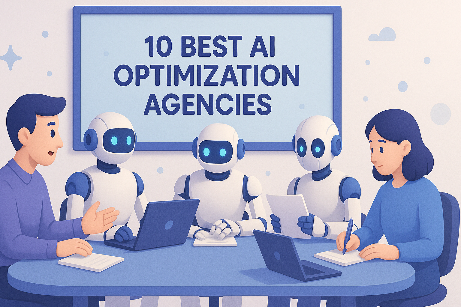 Illustrated scene of AI robots collaborating with marketing professionals at laptops showcasing 10 best AI optimization agencies for digital marketing transformation.