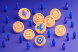3D illustration of cryptocurrency tokens including Bitcoin and Ethereum surrounded by community members representing the best crypto communities to join for Web3 networking and collaboration.