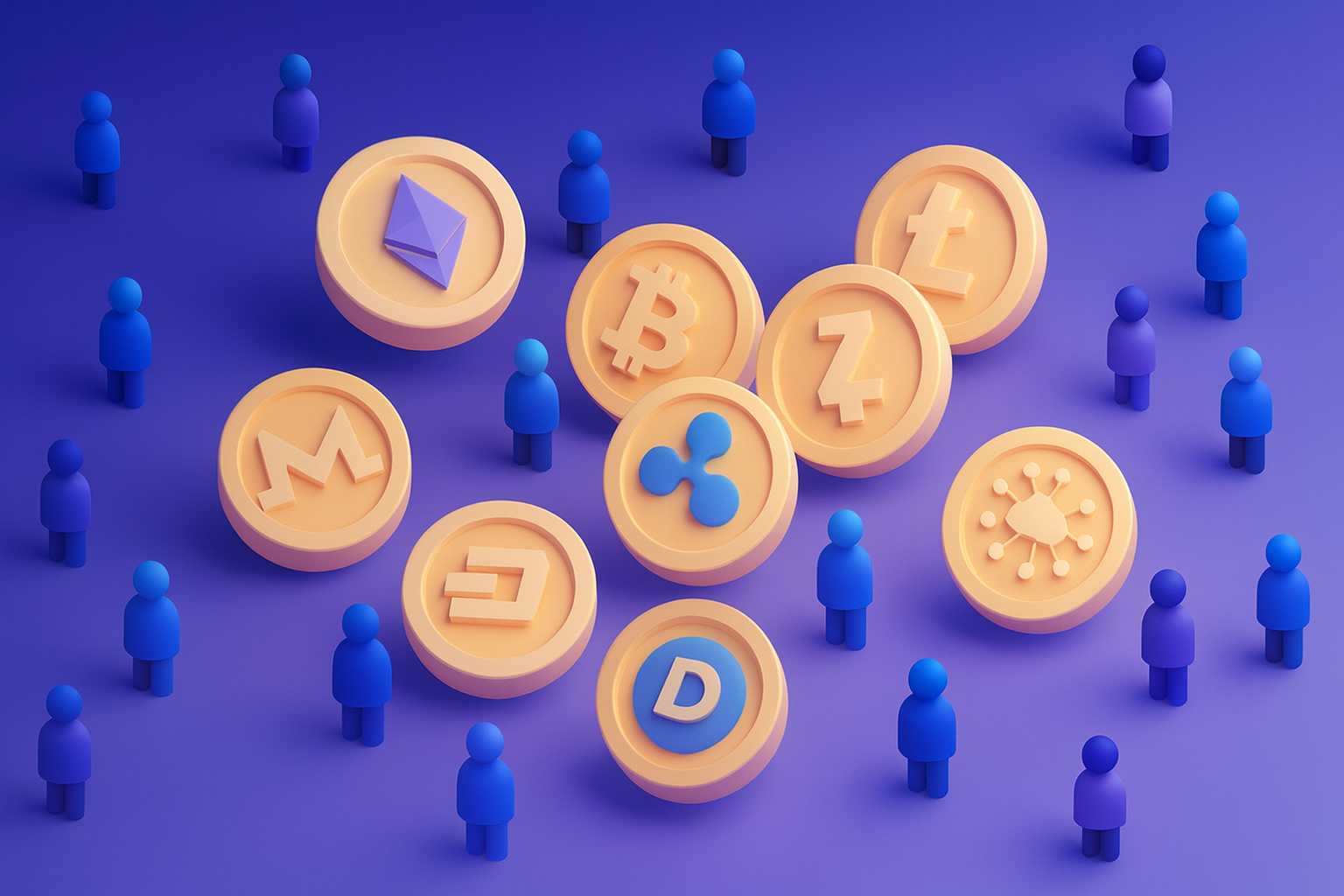 3D illustration of cryptocurrency tokens including Bitcoin and Ethereum surrounded by community members representing the best crypto communities to join for Web3 networking and collaboration.