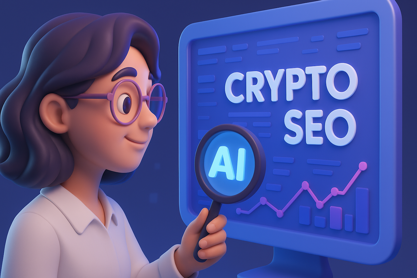 Professional analyzing crypto AI SEO dashboard showing artificial intelligence optimization tools and rising analytics charts for cryptocurrency marketing.