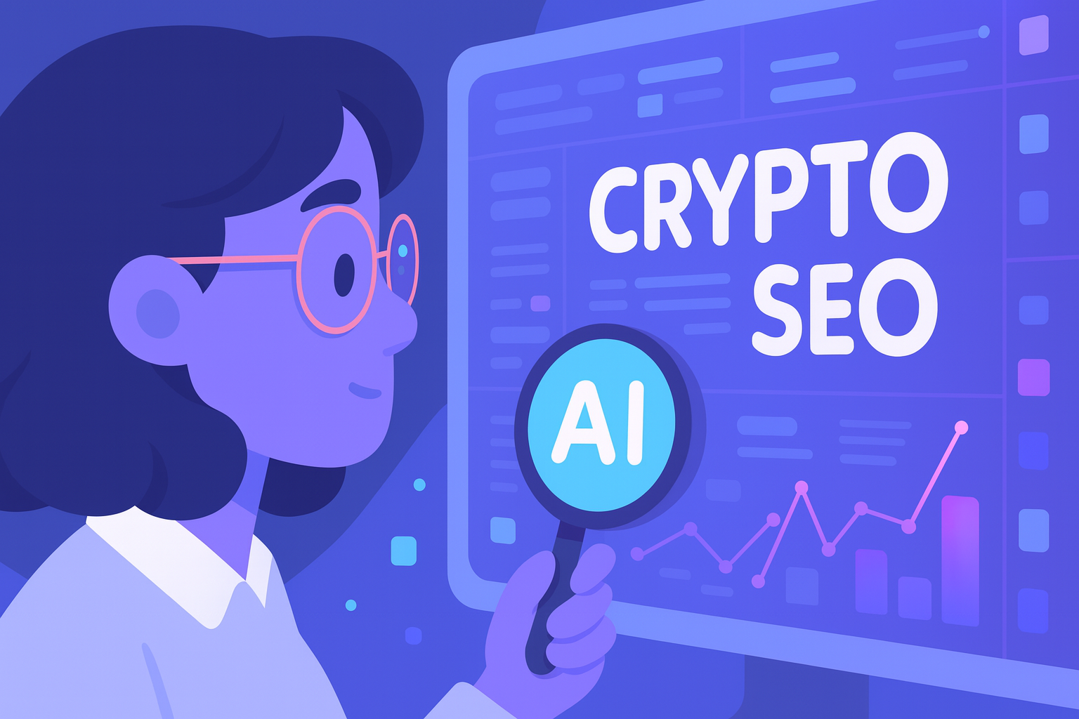 Professional analyzing crypto AI SEO dashboard showing artificial intelligence optimization tools and rising analytics charts for cryptocurrency marketing.