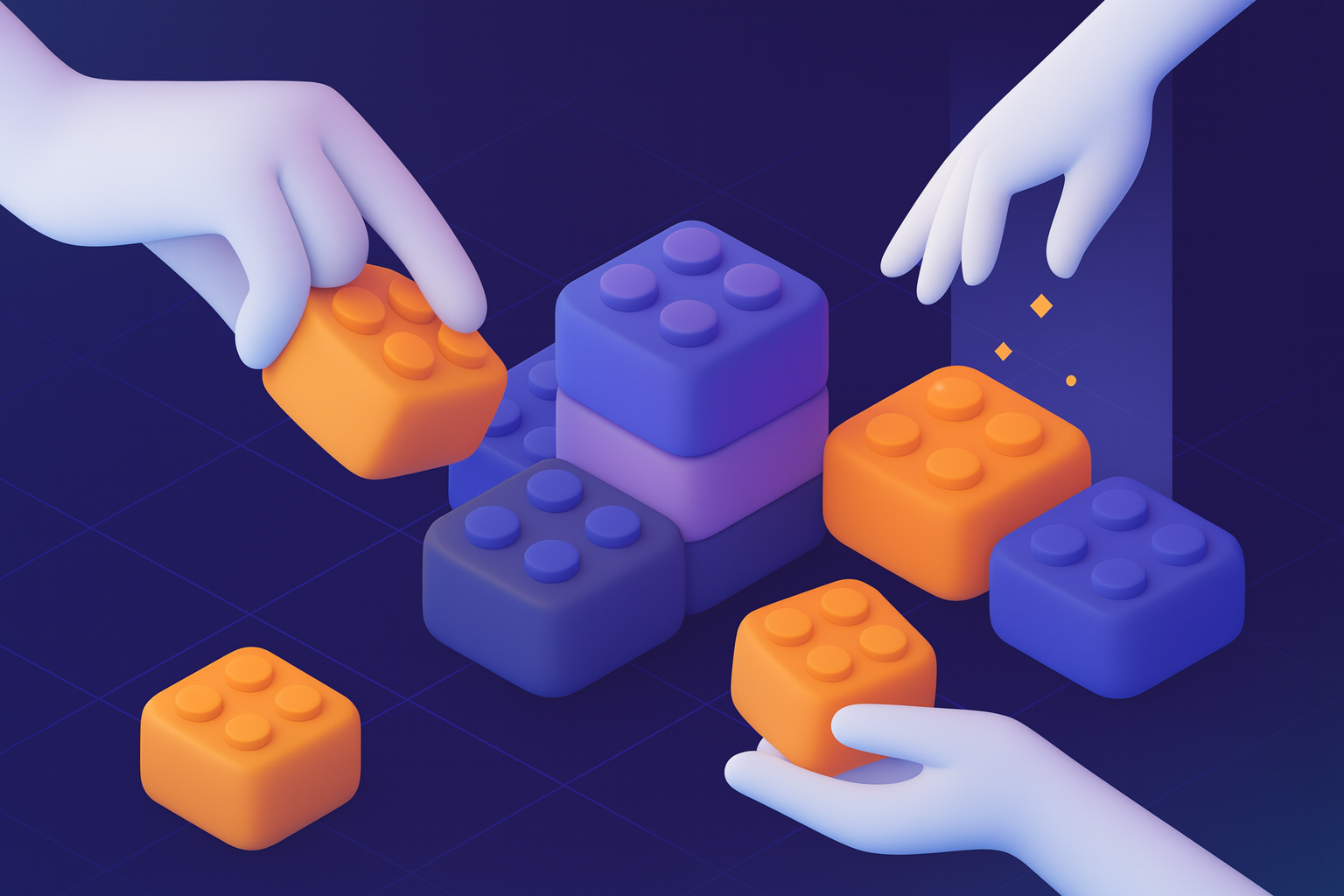Hands strategically placing colorful building blocks representing crypto community development by the best crypto community building agency methods and collaborative teamwork strategies.