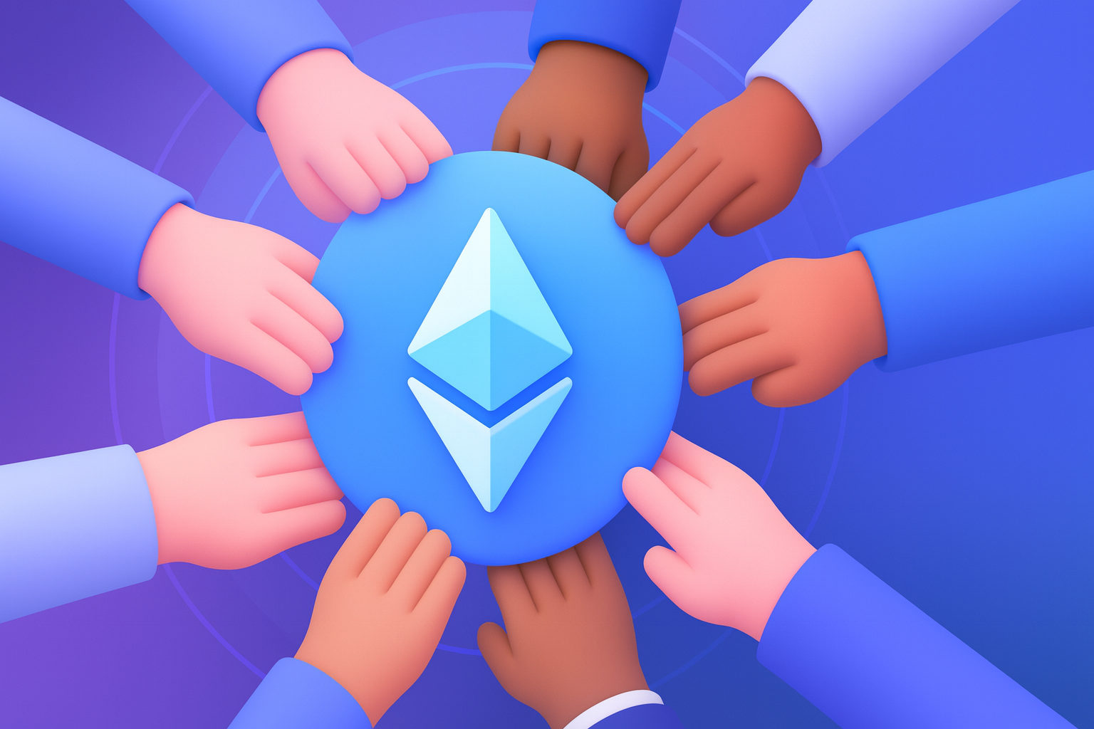 Illustrazione di mani diverse che tengono un token Ethereum, simbolo di unità e collaborazione nella comunità delle criptovalute.