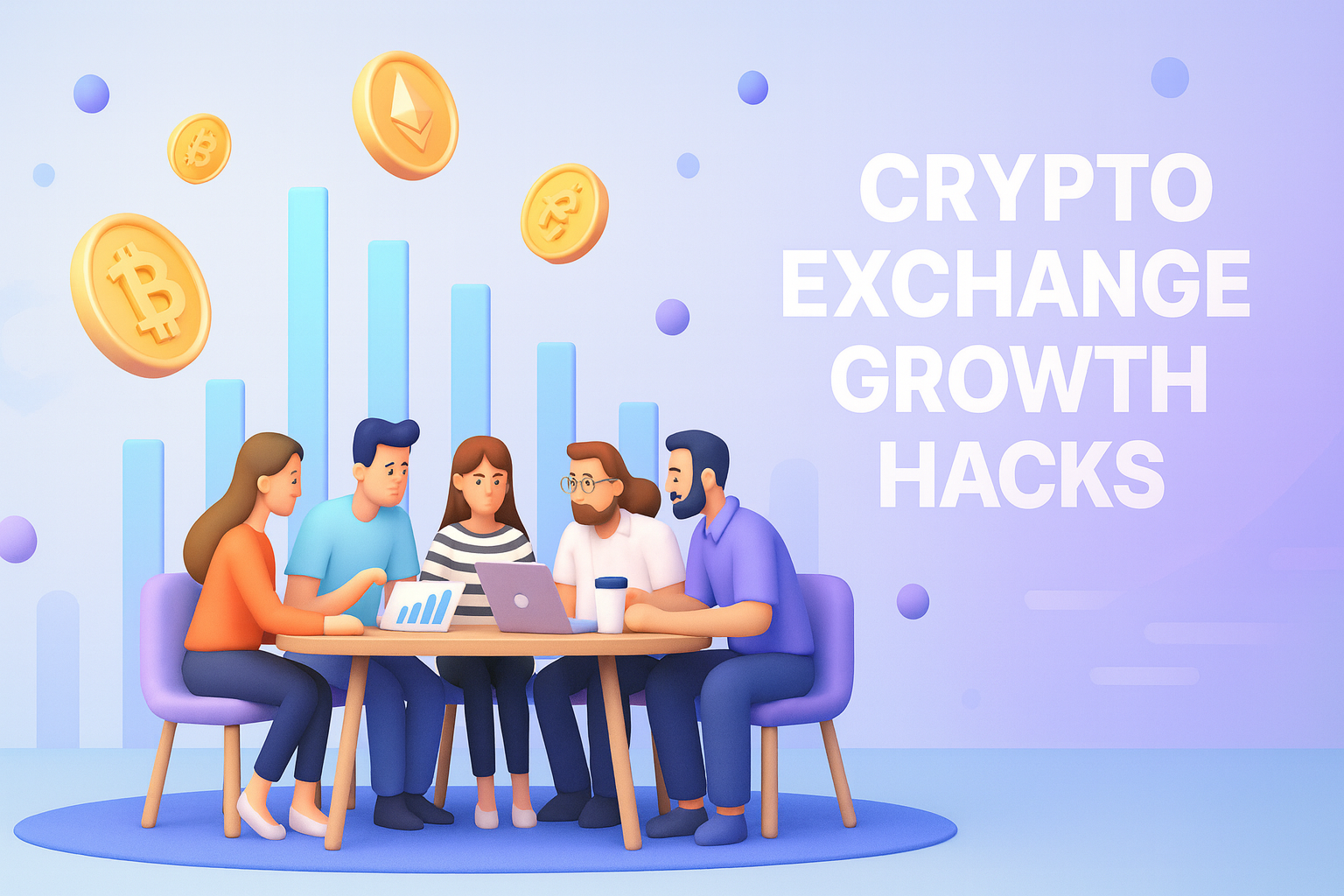 Illustrated cover showing a team discussing crypto exchange growth strategies with floating Bitcoin, Ethereum, and Tether coins, and the title “Crypto Exchange Growth Hacks.”