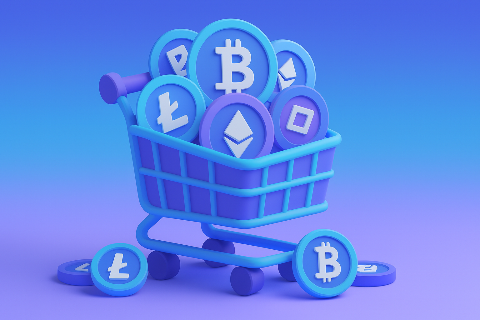 Carrello 3D pieno di Bitcoin, Ethereum e token di criptovalute che rappresentano le migliori opportunità di investimento per i primi investitori.