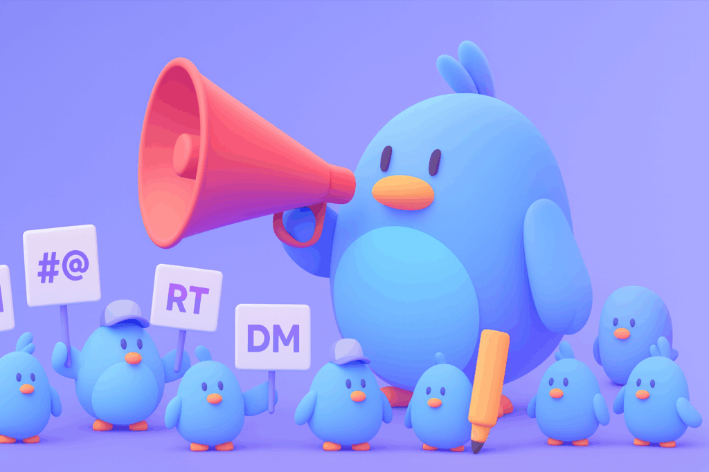 Influencers social media marketing illustration featuring cartoon birds with megaphone promoting crypto content on Twitter X platform with hashtags retweets and direct messages.