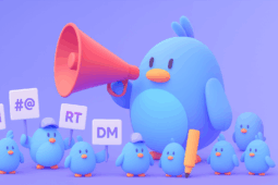 Influencers social media marketing illustration featuring cartoon birds with megaphone promoting crypto content on Twitter X platform with hashtags retweets and direct messages.