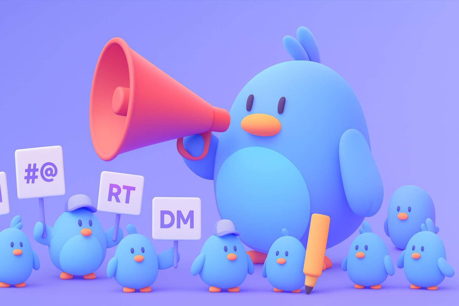 Ilustración en 3D de pájaros de Twitter con hashtags, retweets y DMs que representan a la comunidad de Web3 y criptoinfluenciadores en 2025.
