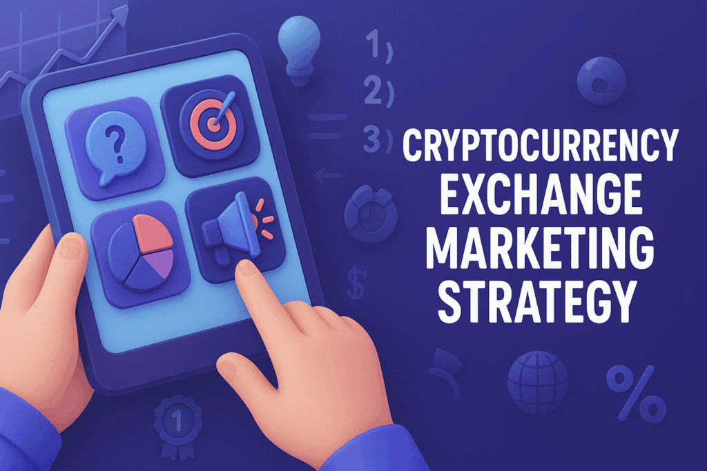 Illustration of hands interacting with a tablet showing marketing icons, representing a cryptocurrency exchange marketing strategy