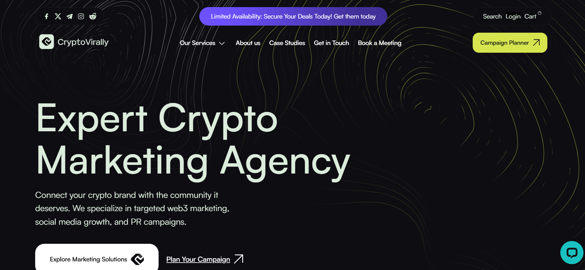صفحة CryptoVirally الرئيسية لتسويق العملات الرقمية التي يمكن الوصول إليها من خلال تقديم أفضل حلول وكالات بناء مجتمع العملات الرقمية لمشاريع البلوك تشين الصغيرة.