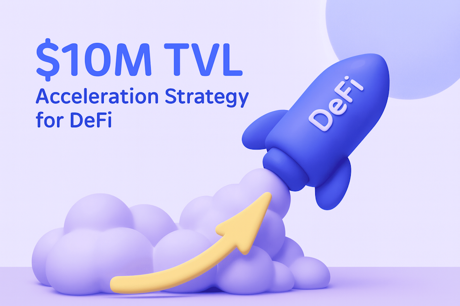 Blue DeFi rocket launching upward with $10M TVL acceleration strategy text, representing DeFi protocol growth and TVL scaling success.