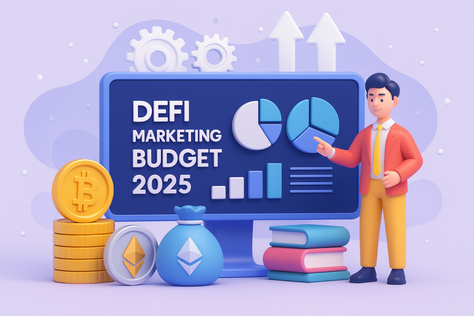 DeFi marketing budget 2025 dashboard with pie and bar charts; presenter, Bitcoin and Ethereum icons showing spend allocation and ROI.