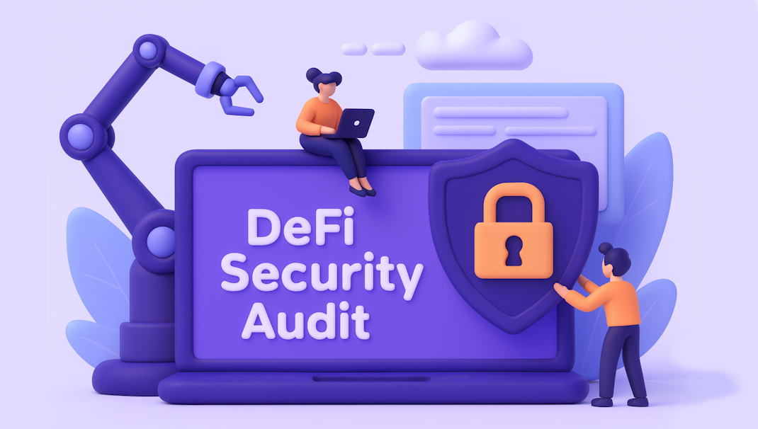 DeFi security audit illustration showing laptop with shield lock, robotic arm, and developers representing smart contract audit protection.