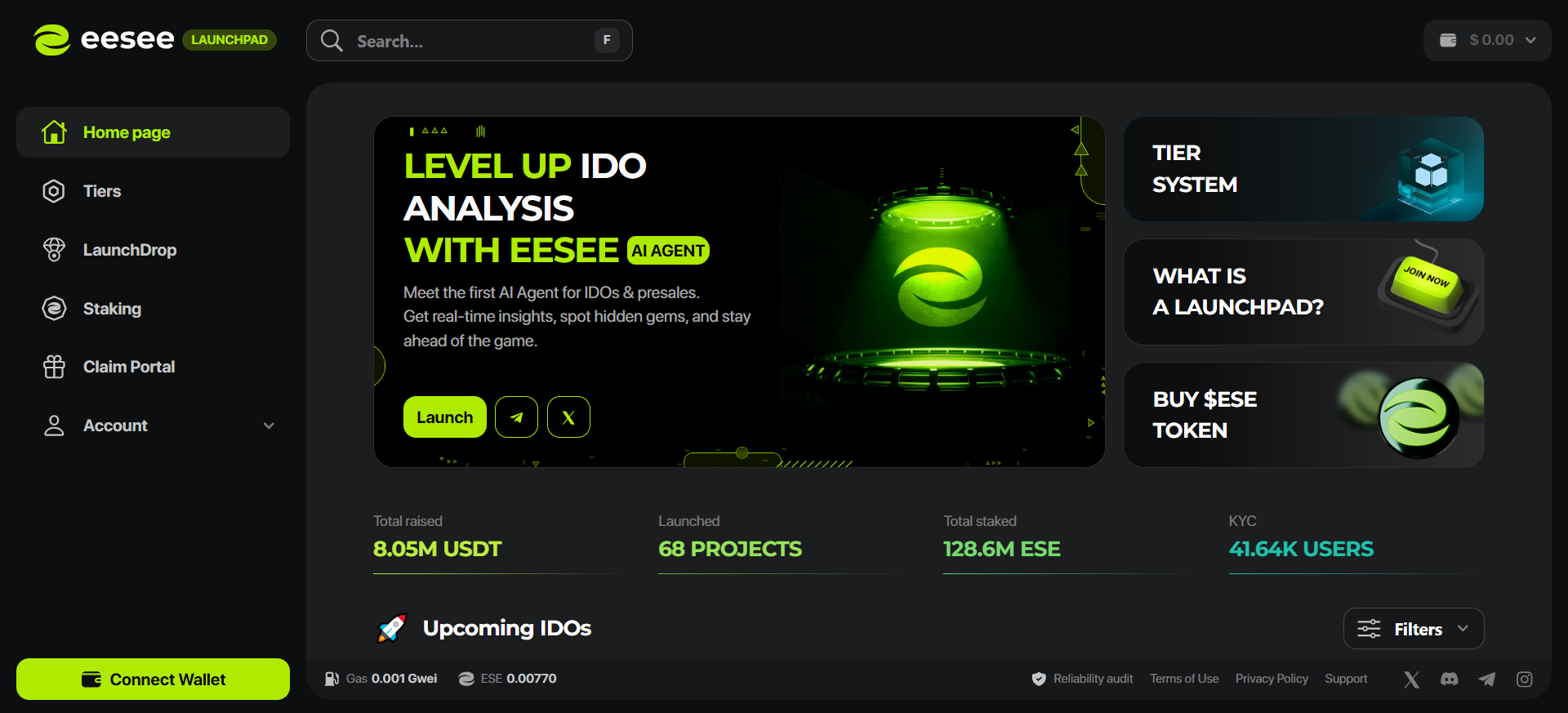 Eesee gamified launchpad interface featuring Initial Raffle Offering model and Animoca Brands partnership for best presale platforms.