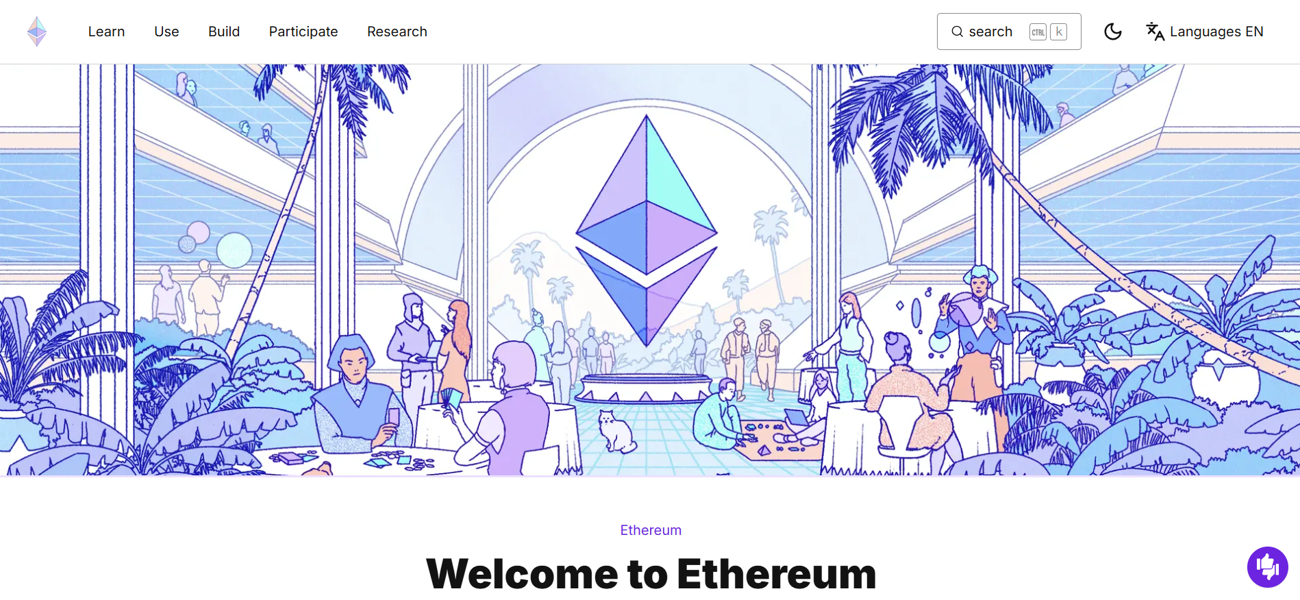 Página inicial do sítio Web oficial do Ethereum com o logótipo ETH e o texto Welcome to Ethereum com uma cena ilustrada do ecossistema da cadeia de bloqueio - plataforma de moeda criptográfica estabelecida para contratos inteligentes e DeFi.