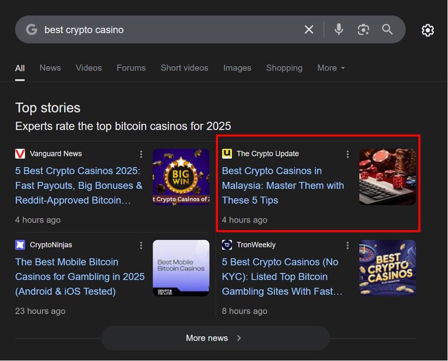 Rang Crypto Casino in Google Top Stories