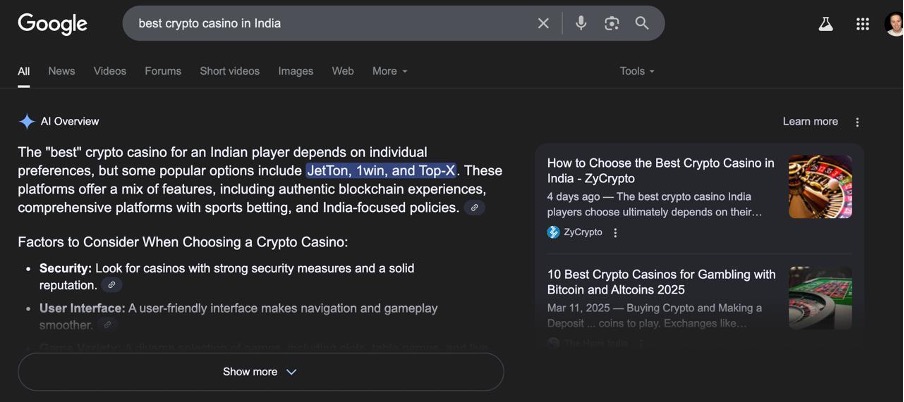 Rang Crypto Casino in Google AI Overvieiws