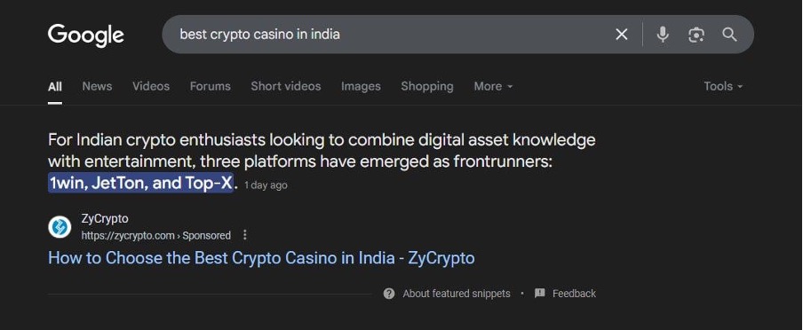 Rang Crypto Casino in Google SGE