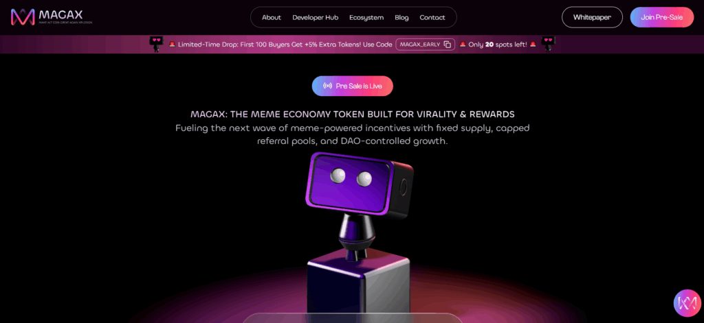 O site de pré-venda Moonshot MAGAX apresenta um token de economia meme com uma mascote robô roxa, anunciando uma oferta de bónus por tempo limitado e um sistema de recompensas viral para investidores em criptomoedas.
