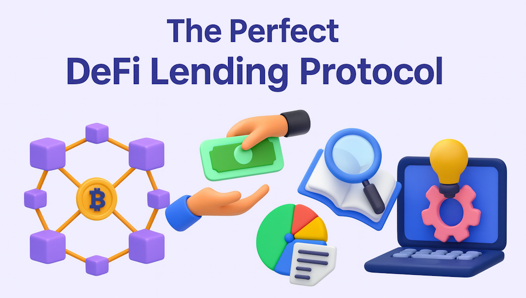 Hero image for the perfect DeFi lending protocol featuring 3D illustrations of blockchain network with Bitcoin, hands exchanging money representing decentralized lending, magnifying glass analyzing documents for research, pie chart showing financial analytics, and laptop with lightbulb and gear icons symbolizing innovative DeFi solutions and protocol development.