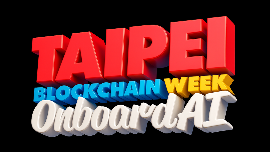 3D rendered Taipei Blockchain Week Onboard AI logo with red TAIPEI text, blue BLOCKCHAIN, yellow WEEK, and white Onboard AI script in dimensional style for Web3 AI conference 2025.