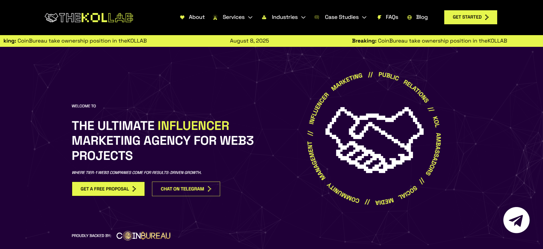 theKOLLAB homepage showcasing DeFi marketing services and centralized exchange integration solutions for token launch campaigns and liquidity strategies