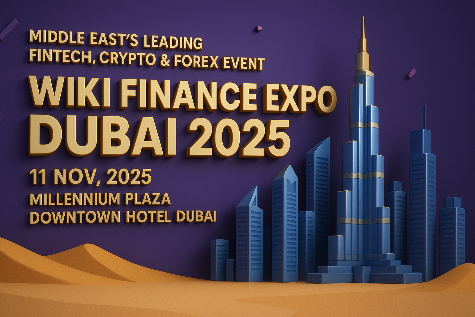 Wiki Finance Expo Dubai 2025 official cover image with gold text on purple background, featuring Dubai cityscape skyline, November 11 date and Millennium Plaza Downtown Hotel venue for Middle East's leading fintech crypto forex event.