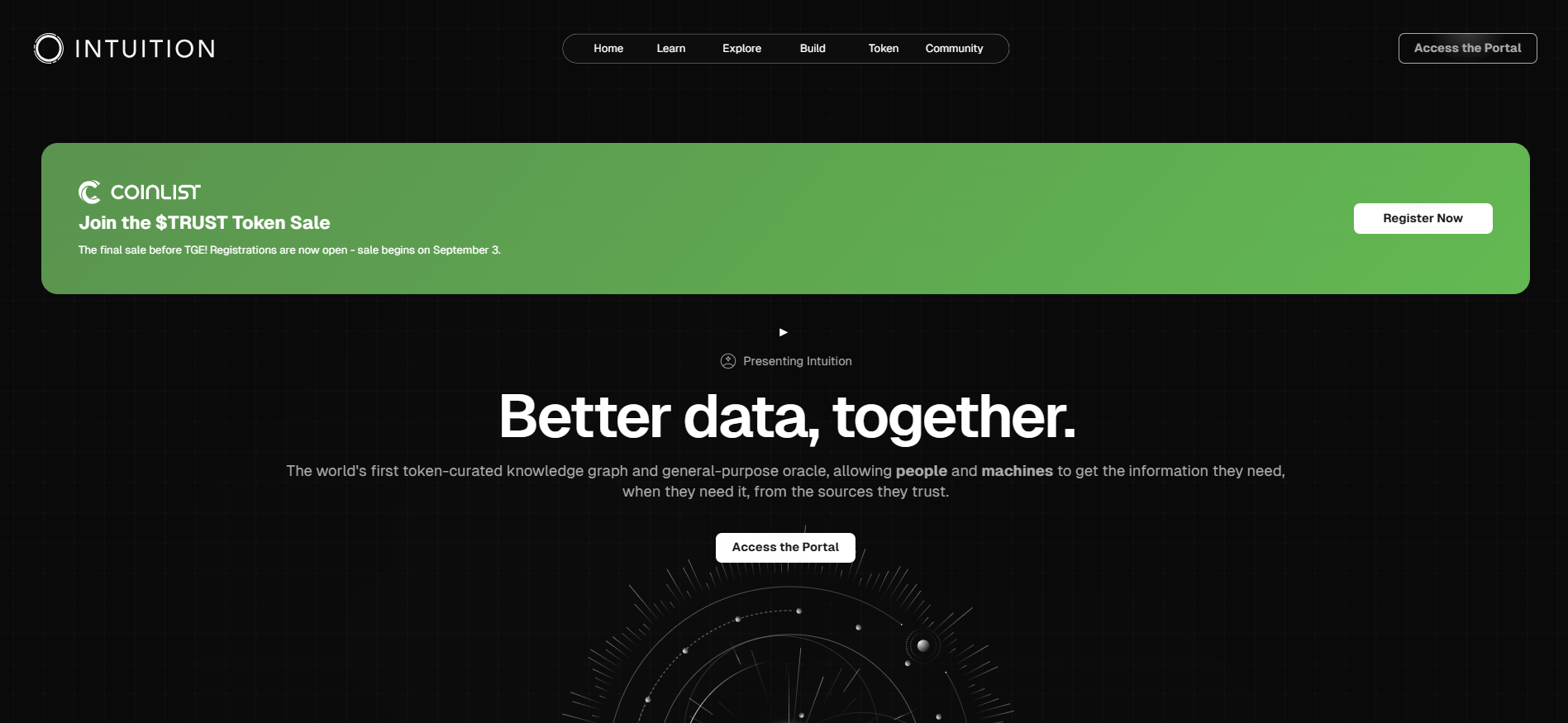 Intuition homepage displaying composable knowledge graph protocol with decentralized data verification, featured among best crypto presales September 2025 for blockchain infrastructure.