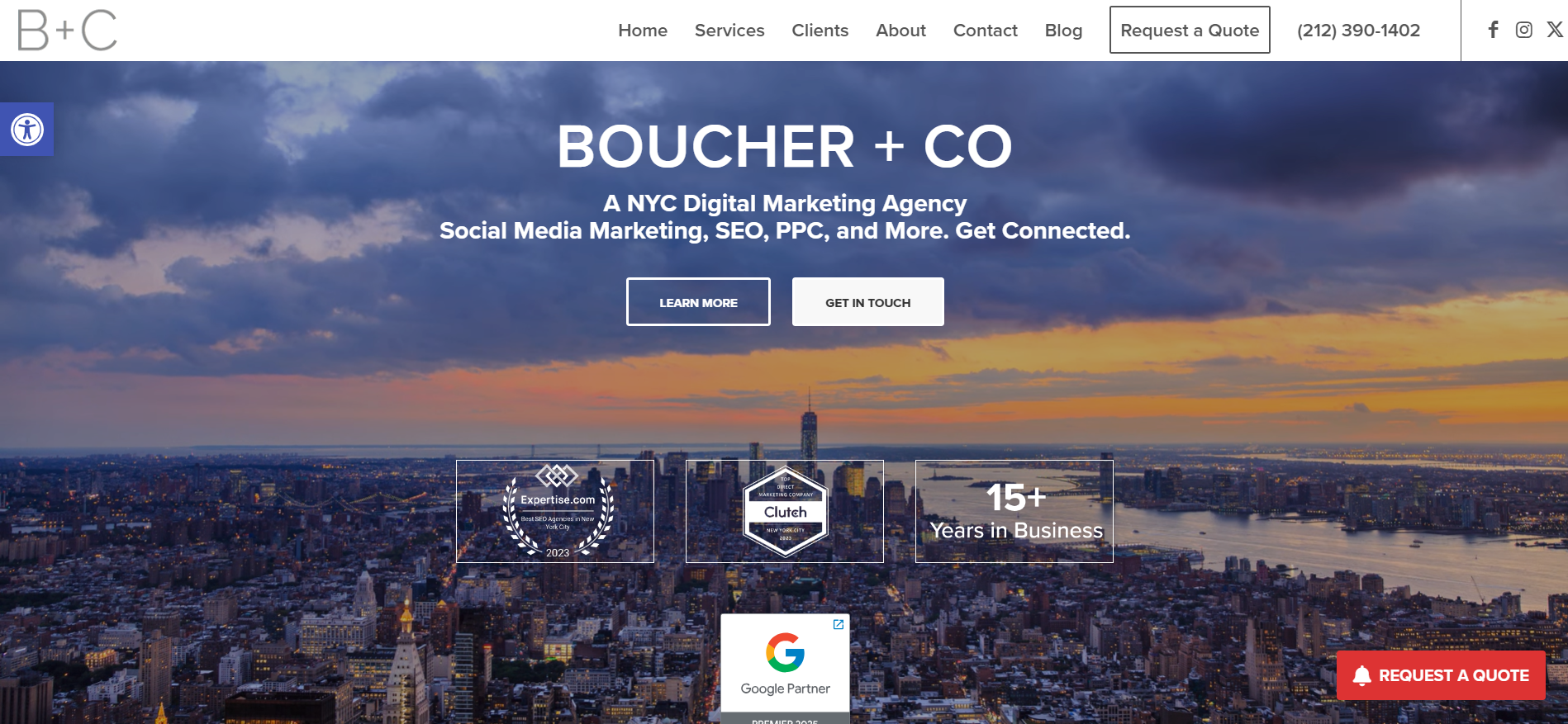La page d'accueil de Boucher Co présente les services de marketing numérique et les solutions de référencement personnalisées de l'équipe expérimentée de la société de référencement de New York.